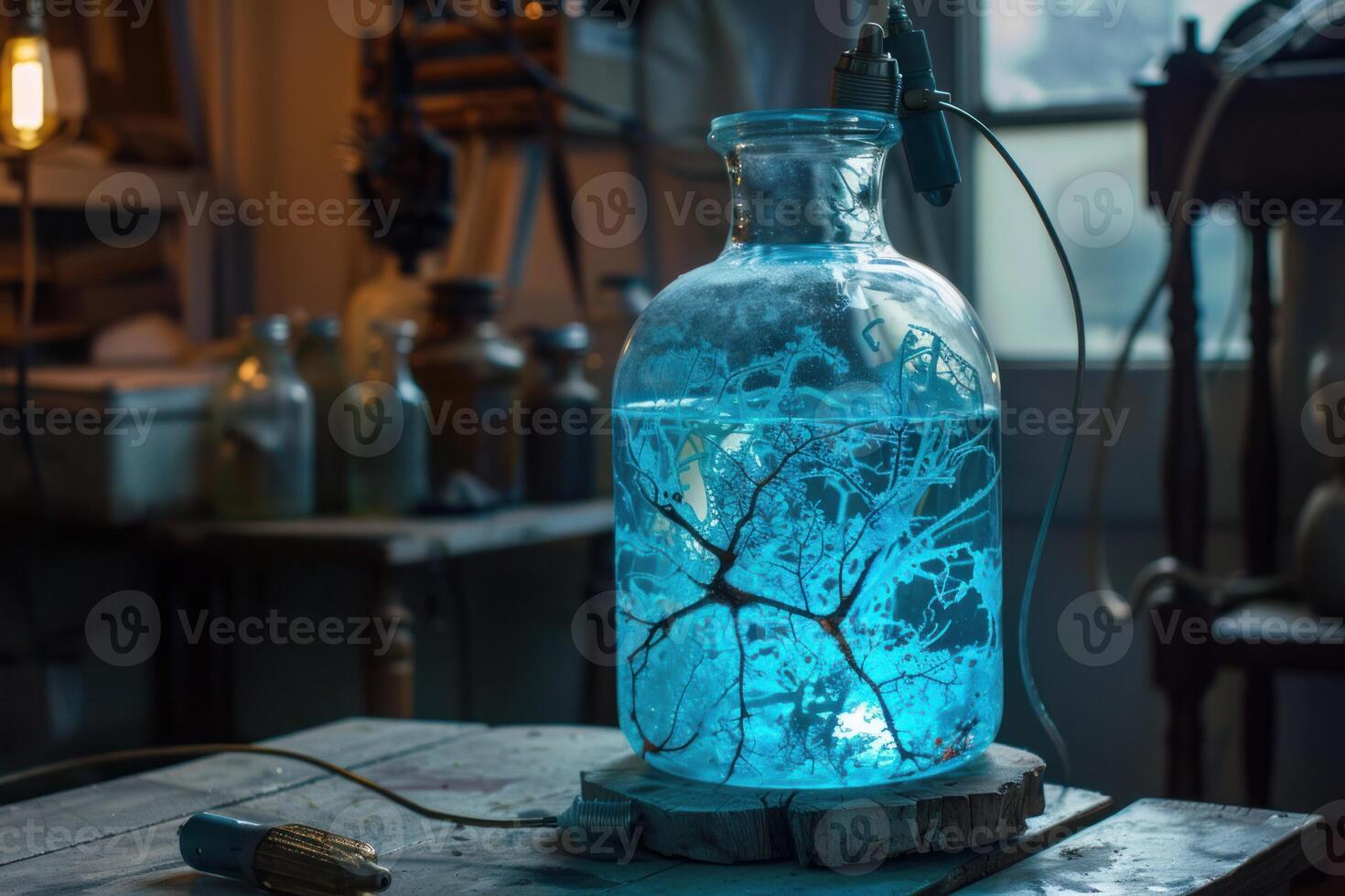 Glowing blue fluid being heated in a laboratory flask experiment photo