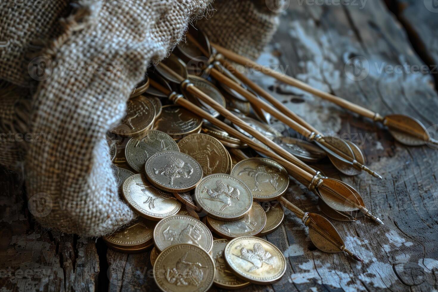 Arrows and gold coins spilling from burlap sack on wooden table photo