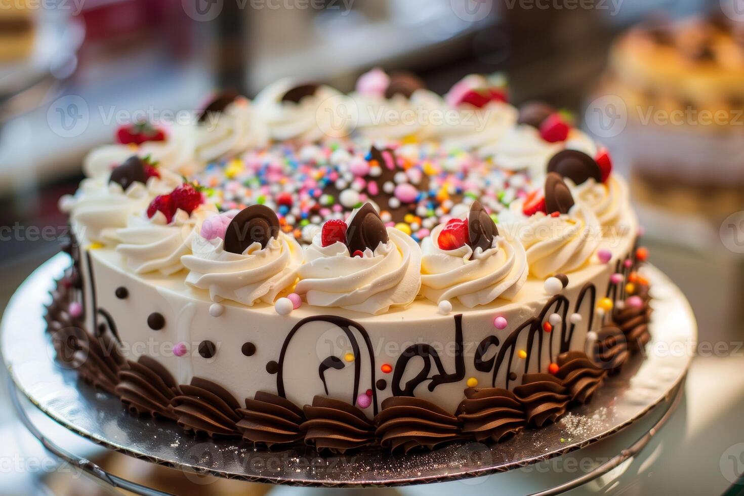 Delicious birthday cake sitting on pastry shop display case photo