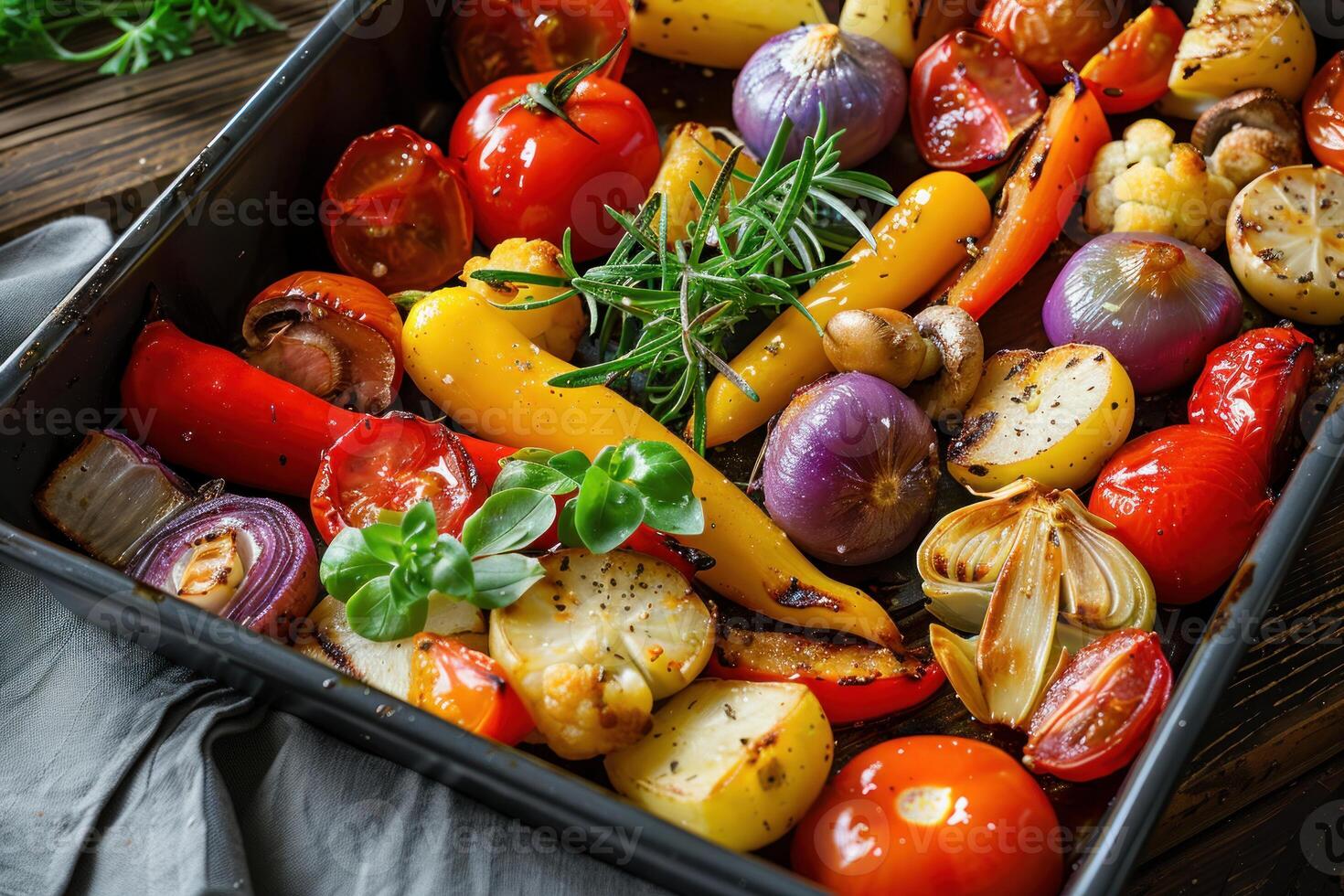 Colorful vegetables roasting in a baking pan with herbs photo