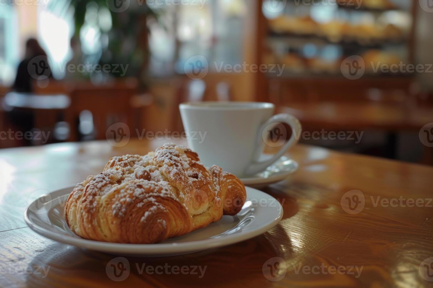 Delicious freshly baked croissant and cup of coffee resting on table in cafe photo