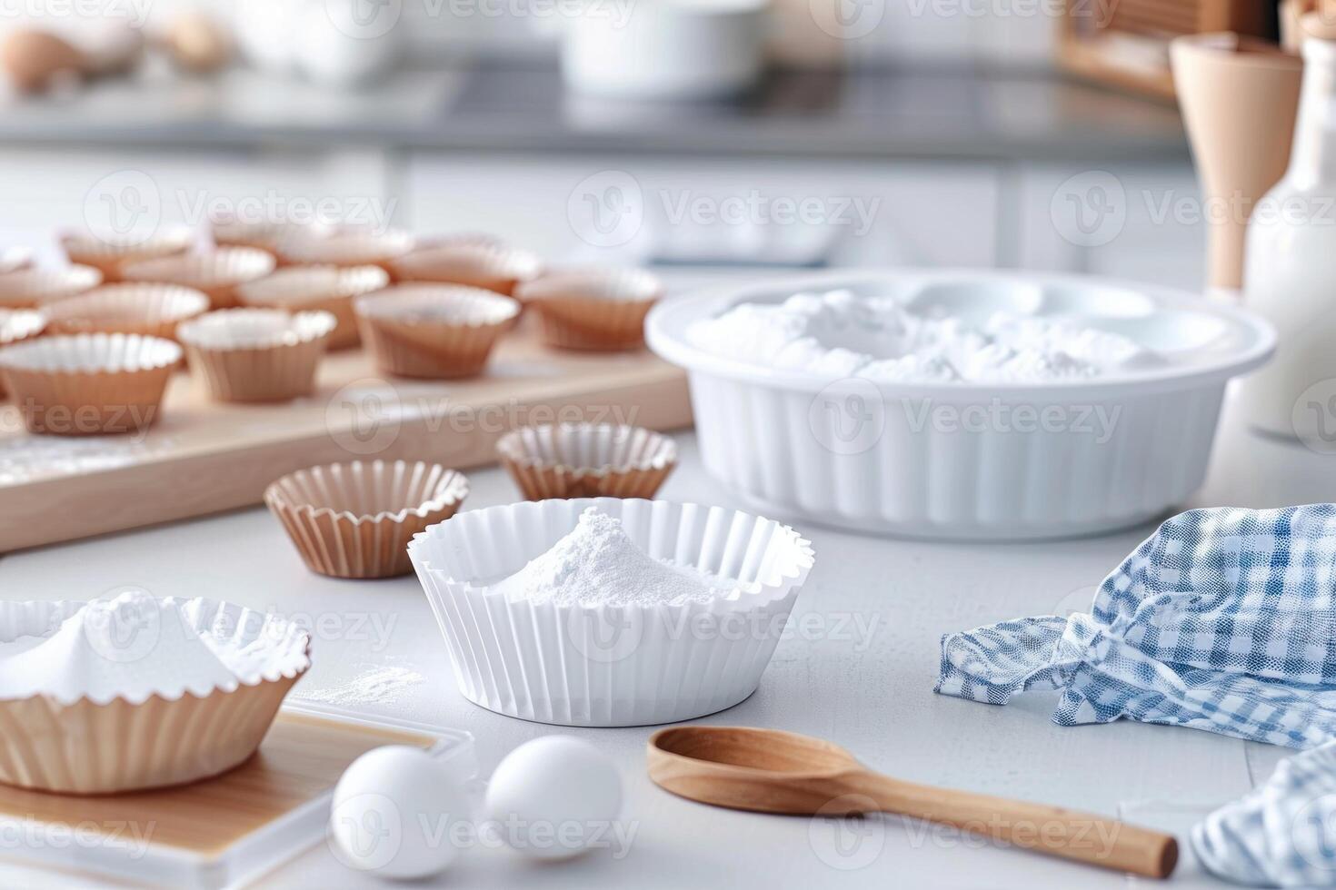 Ingredients for baking muffins lying on kitchen table photo