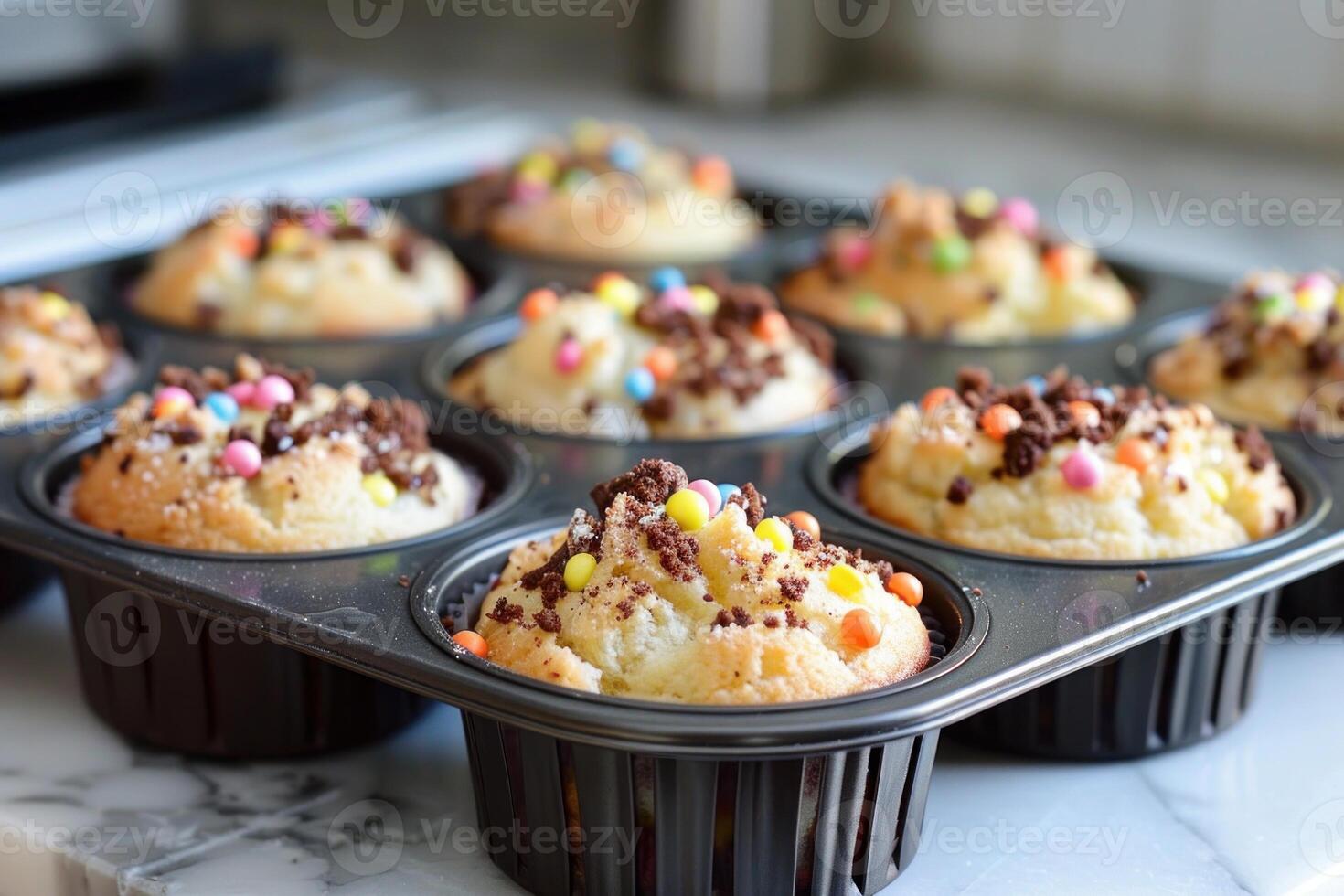 Delicious homemade muffins with chocolate and colorful candies cooling in a muffin tin photo