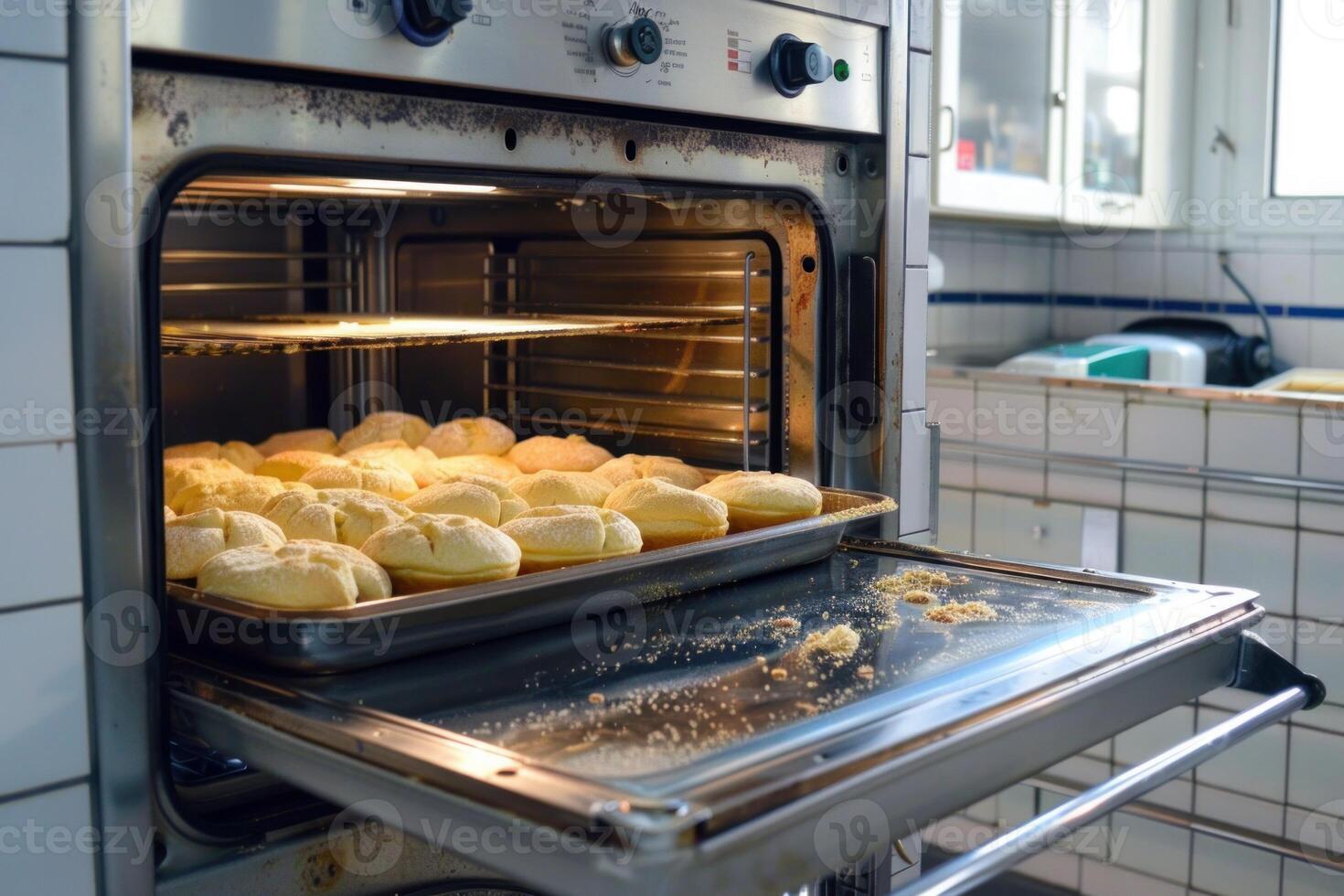 Tray of freshly baked buns cooling down in industrial oven photo