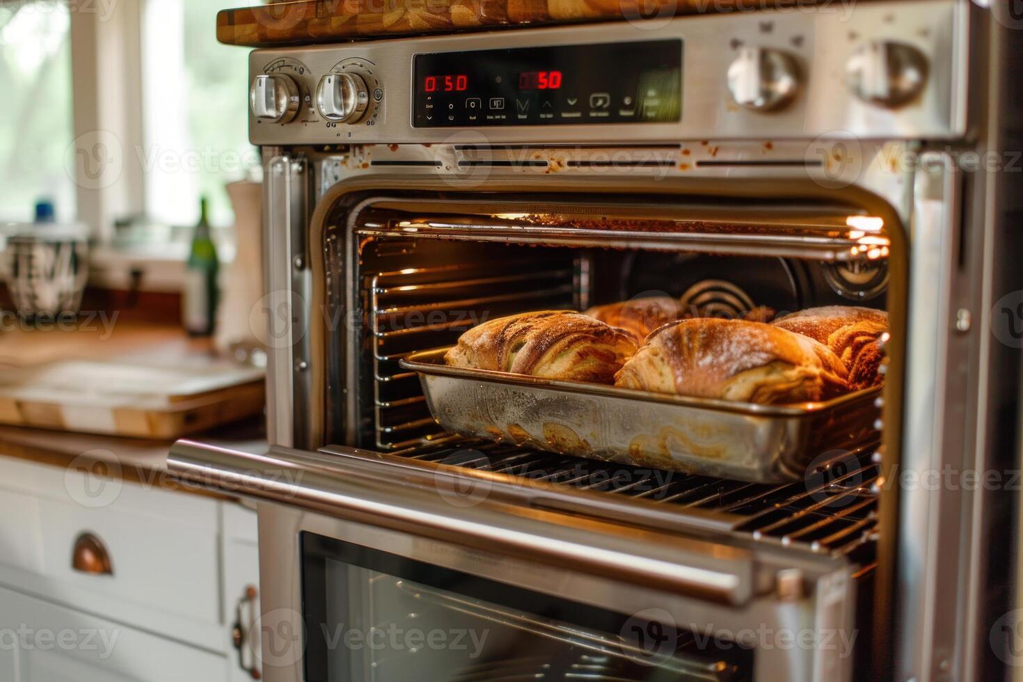 Delicious puff pastry baking in modern oven photo