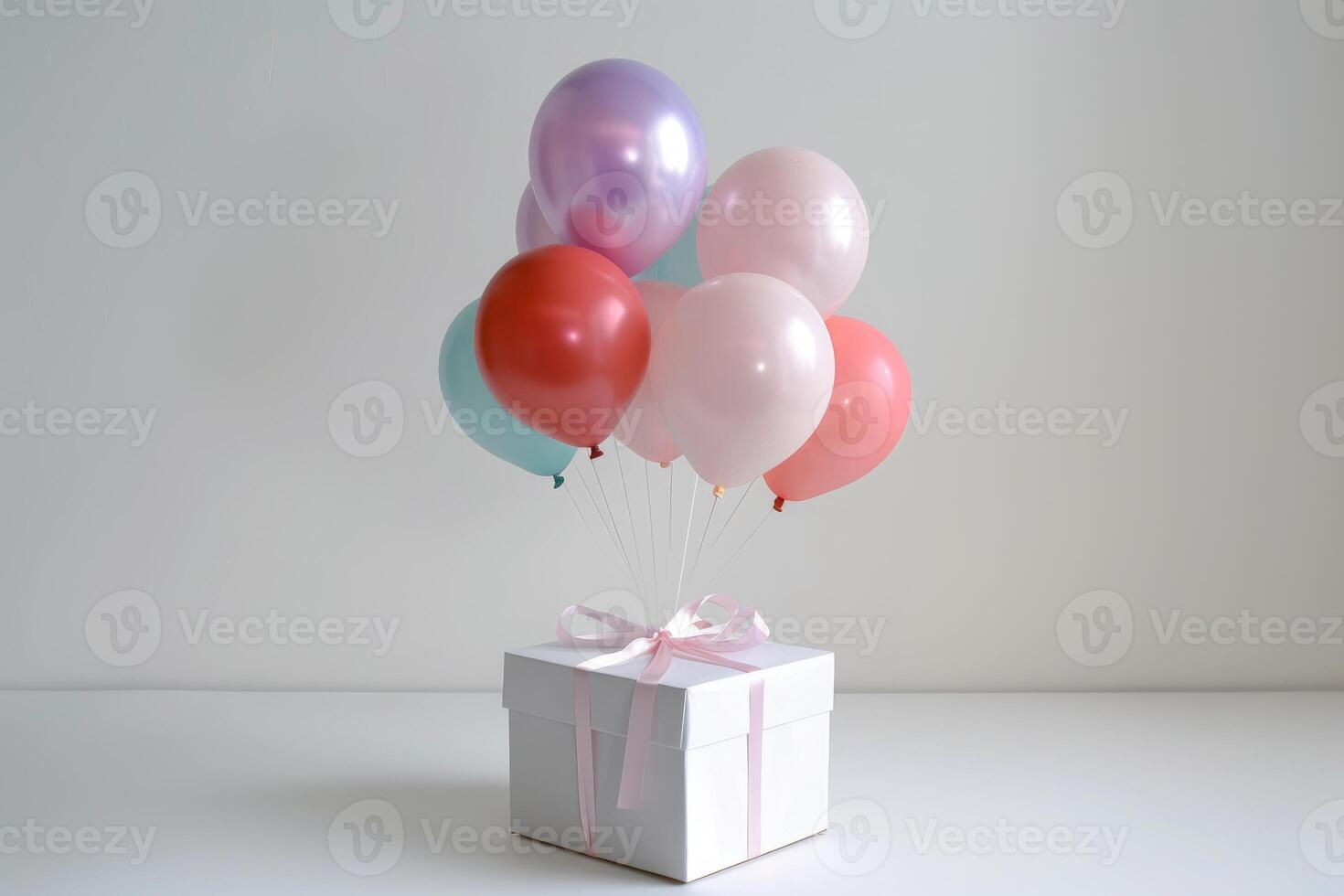Colorful balloons floating over white gift box with pink ribbon photo