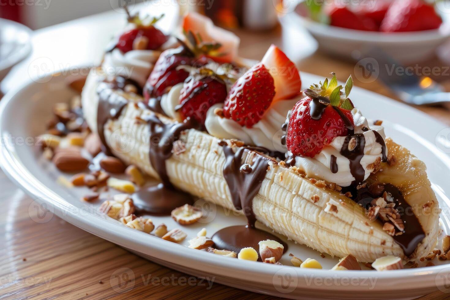 Banana split dessert lying on a white plate and covered in chocolate sauce and whipped cream photo
