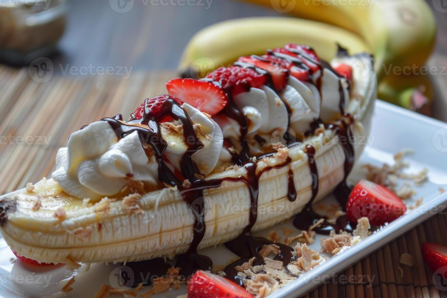 Banana split drizzled with chocolate sauce on white rectangular plate photo