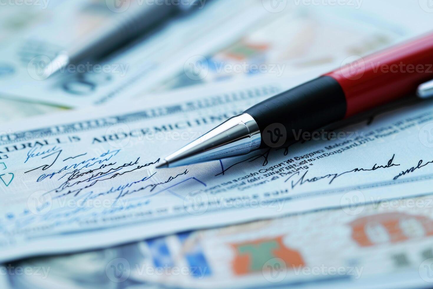 Red pen lying on signed check with us dollar bills in background photo