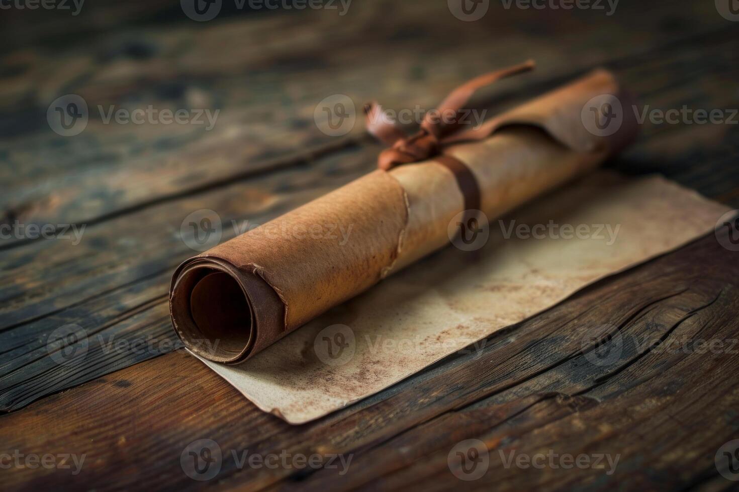 Old paper scroll tied with leather strip lying on wooden table photo