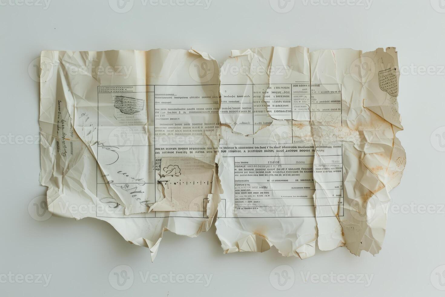 Old crumpled paper document with torn edges lying on white background photo