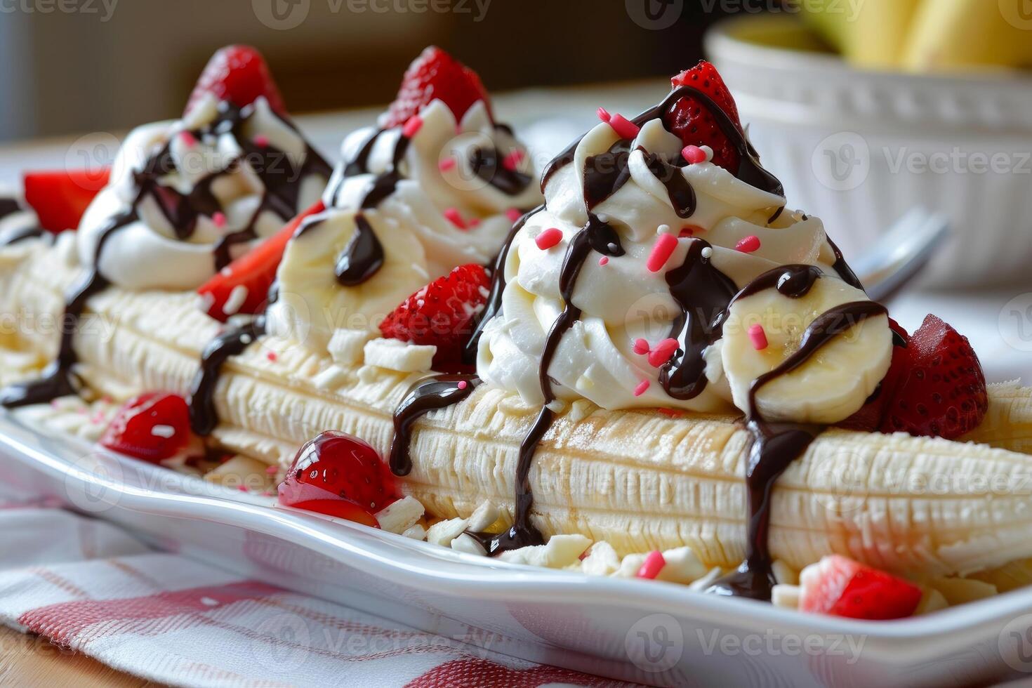 Delicious banana split with whipped cream and chocolate drizzle being prepared on countertop photo