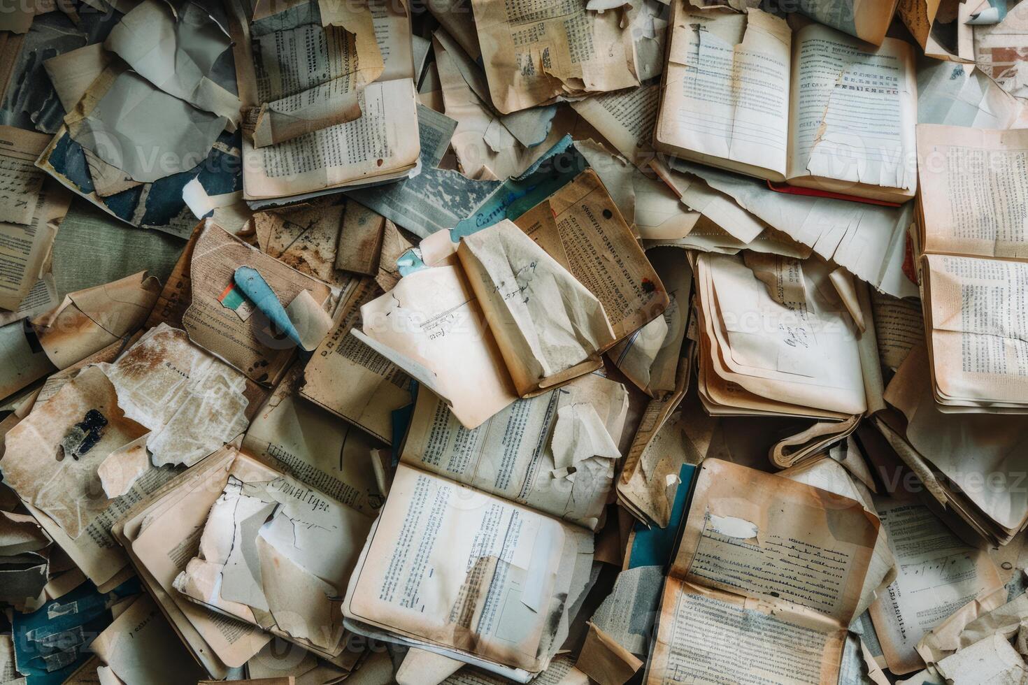 Pile of old torn books forming a textured background photo