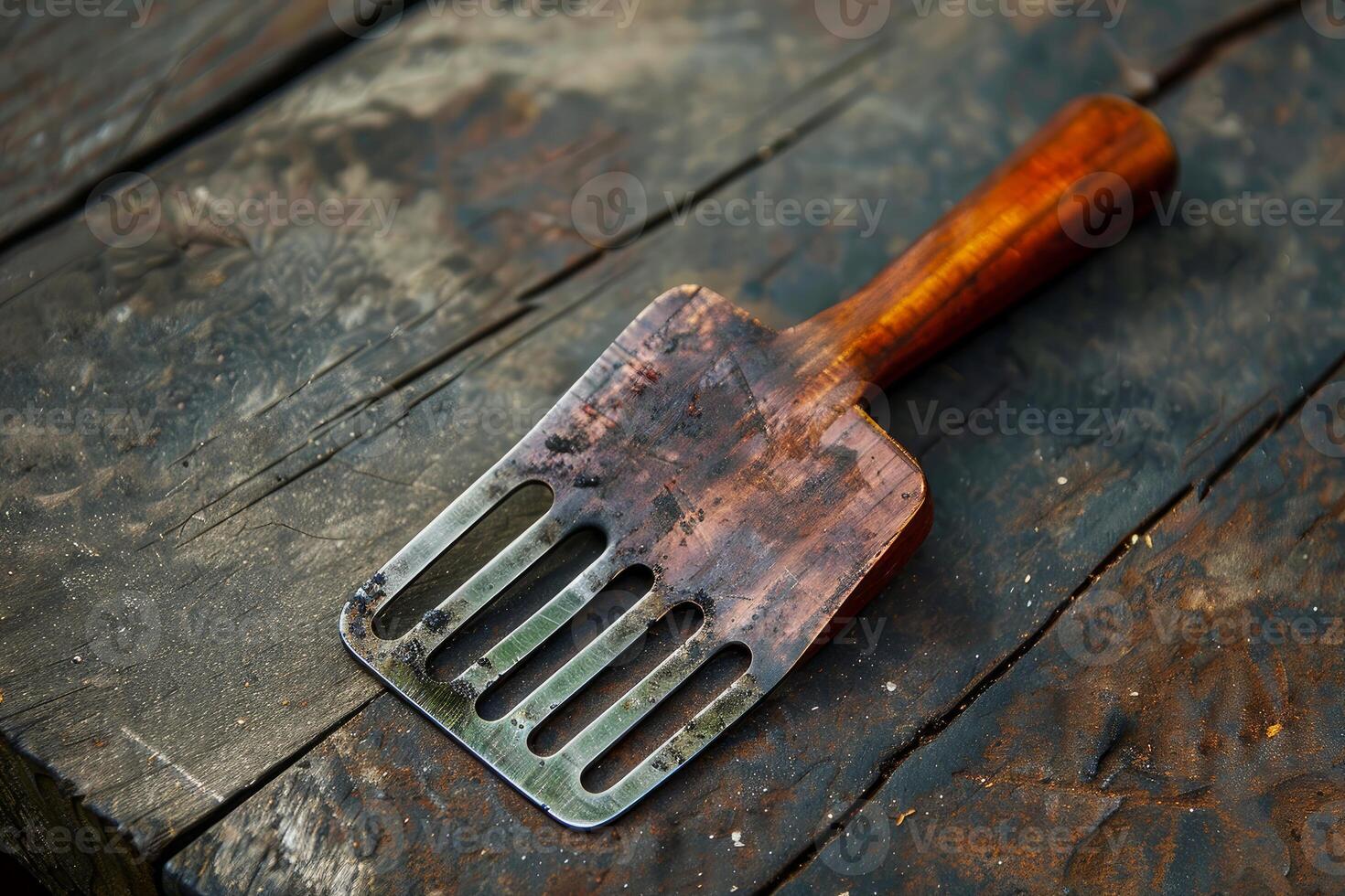 Old wooden spatula with burned oil lying on a rough wooden table photo