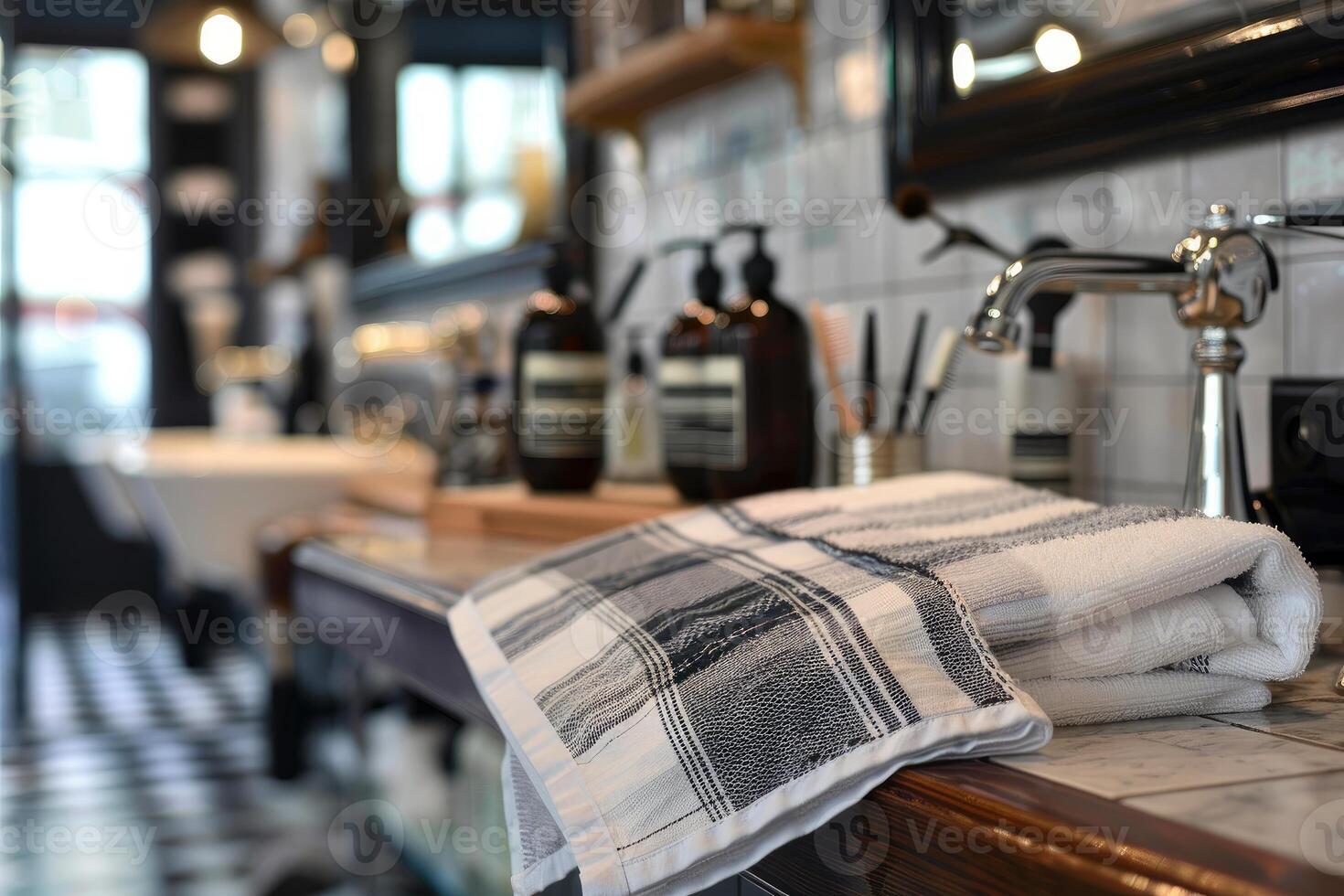 Clean towel laying on counter in barber shop waiting for customer photo