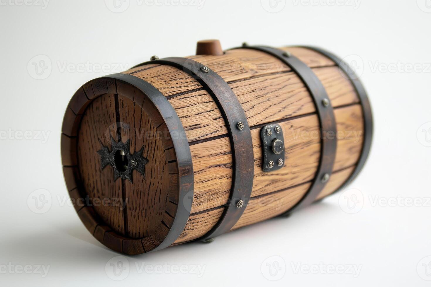 Decorative wooden barrel resting on white background photo