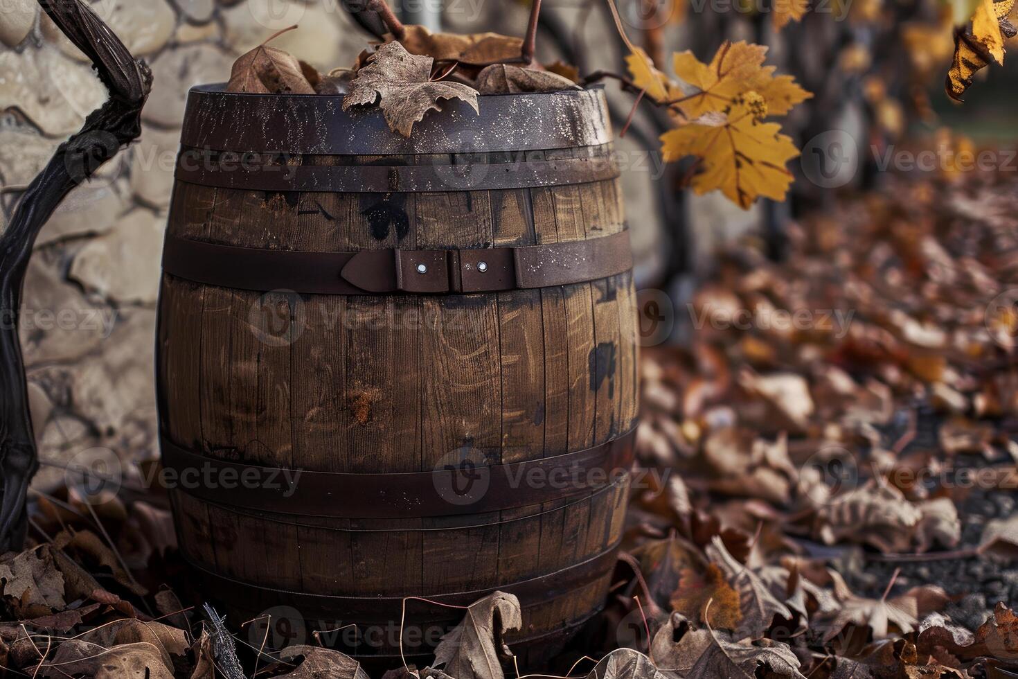 Old wooden wine barrel sitting next to grapevines in autumn photo