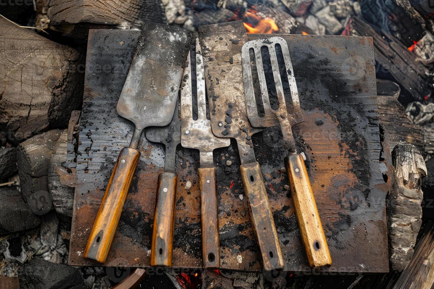 Rusty spatulas and other utensils resting on griddle over open fire photo