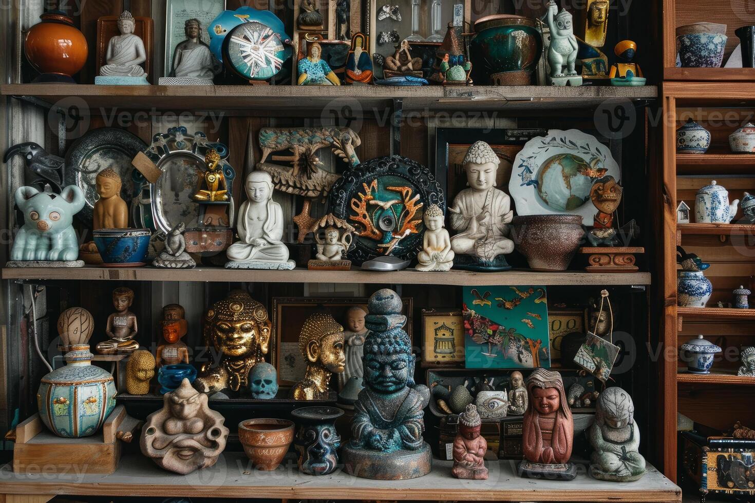 Antique shop displaying asian artifacts and statues for sale photo