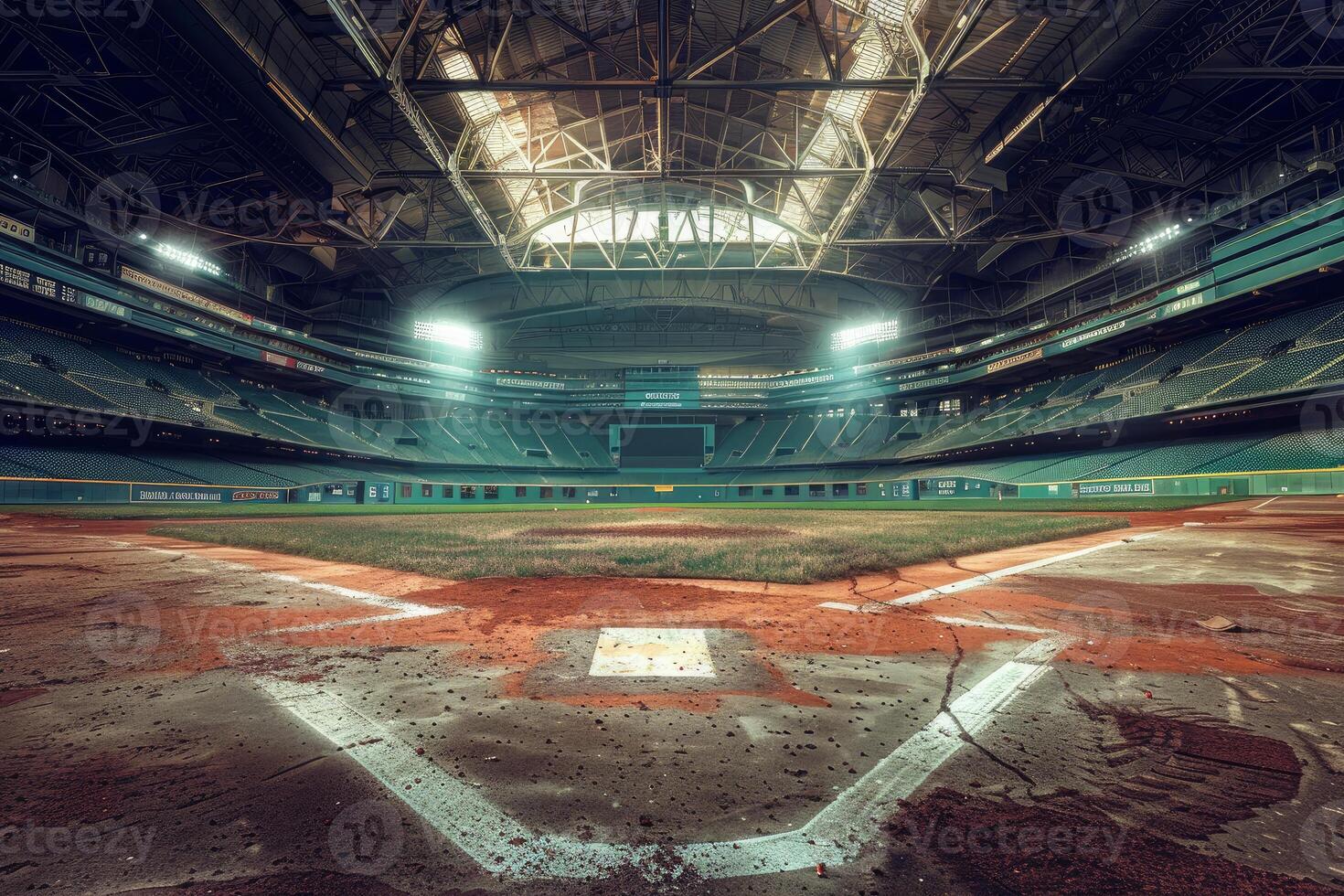 Empty baseball stadium showing home plate and pitchers mound on a cloudy day photo