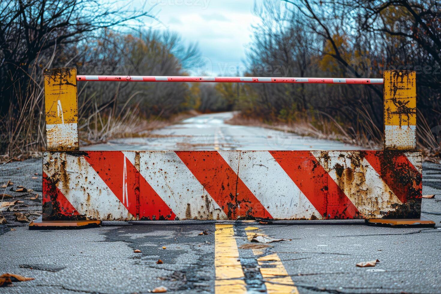 Rusty road barrier blocking access to abandoned asphalt road photo
