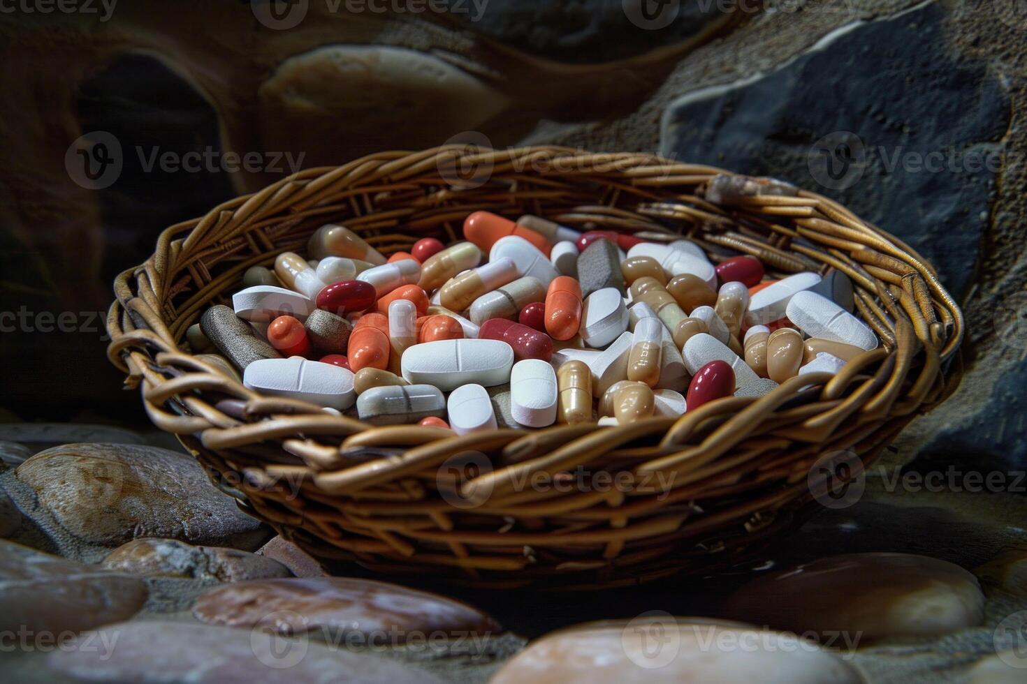 Wicker basket overflowing with colorful pills resting on rocks photo