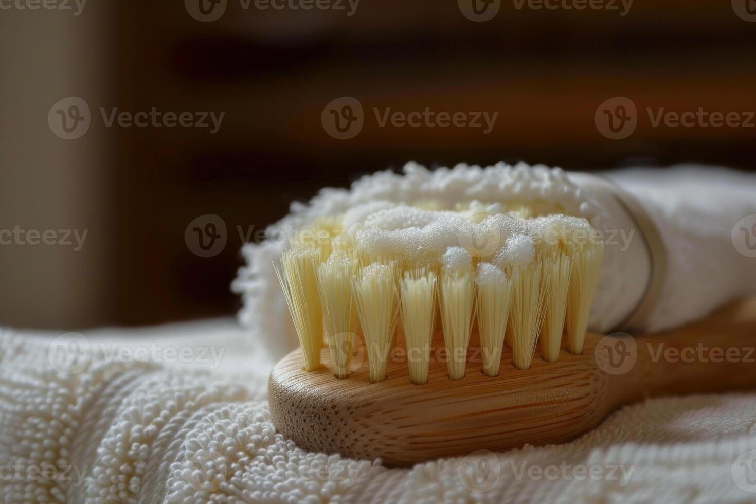 Natural bath brush with soap lying on towel for wellness photo