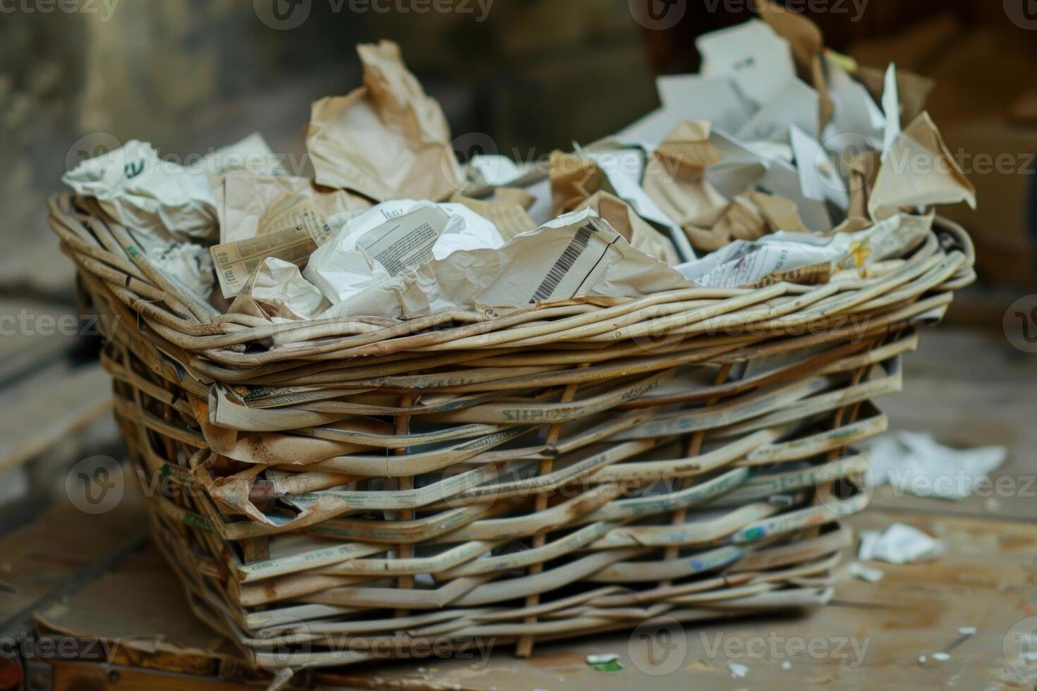 Old wicker basket overflowing with crumpled paper representing clutter photo