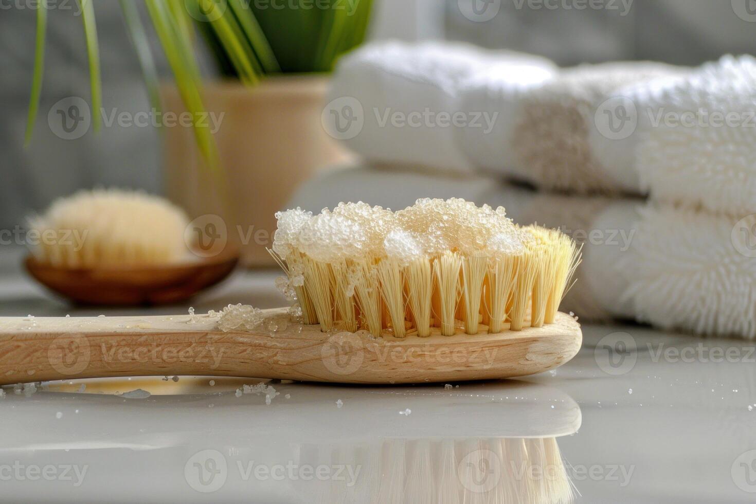 Wooden bath brush covered with sugar scrub on bathroom vanity photo