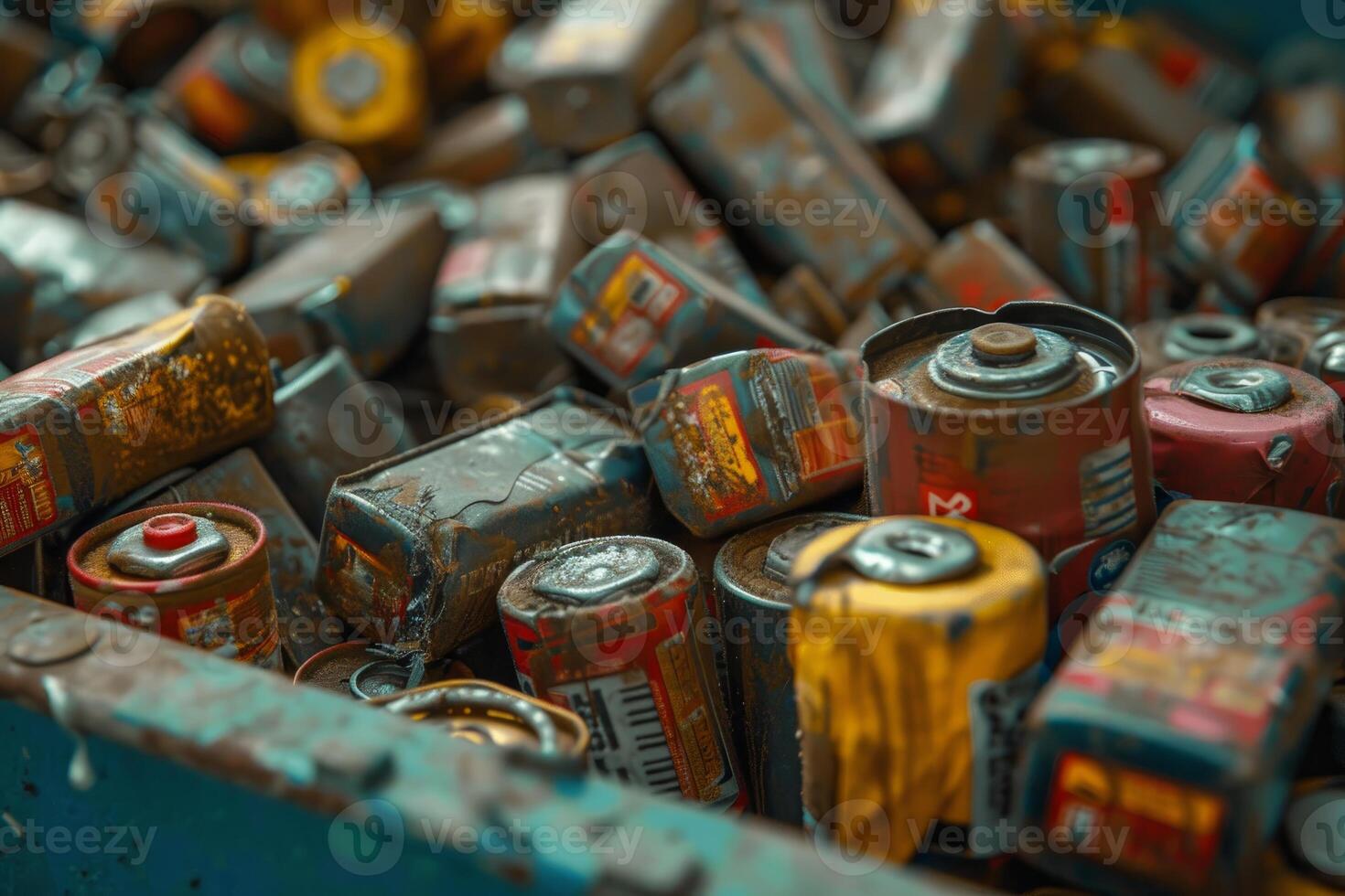 Old batteries piling up in recycling center container photo