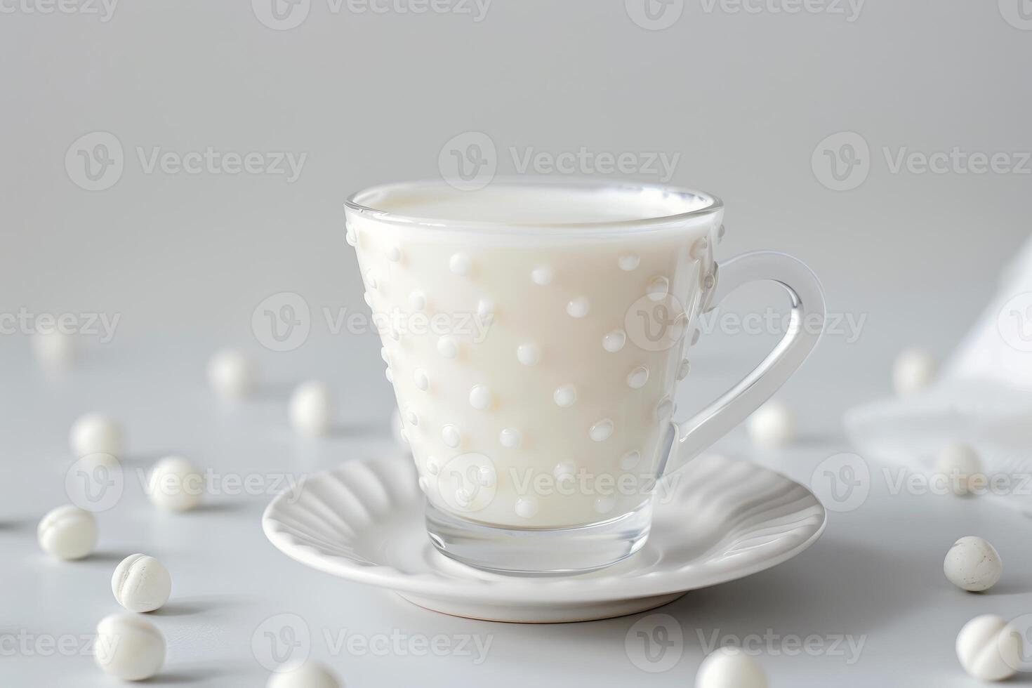Steaming cup of milk surrounded by white chocolate on white background photo
