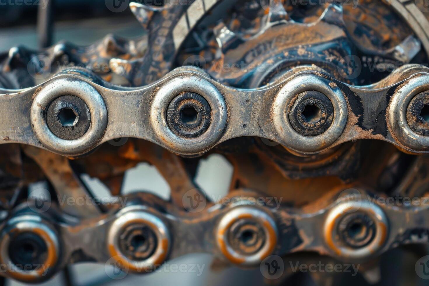Bicycle chain covered in dirt displaying industrial engineering photo