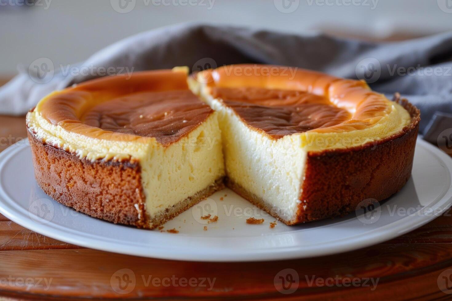 Delicious whole baked cheesecake sitting on a plate photo