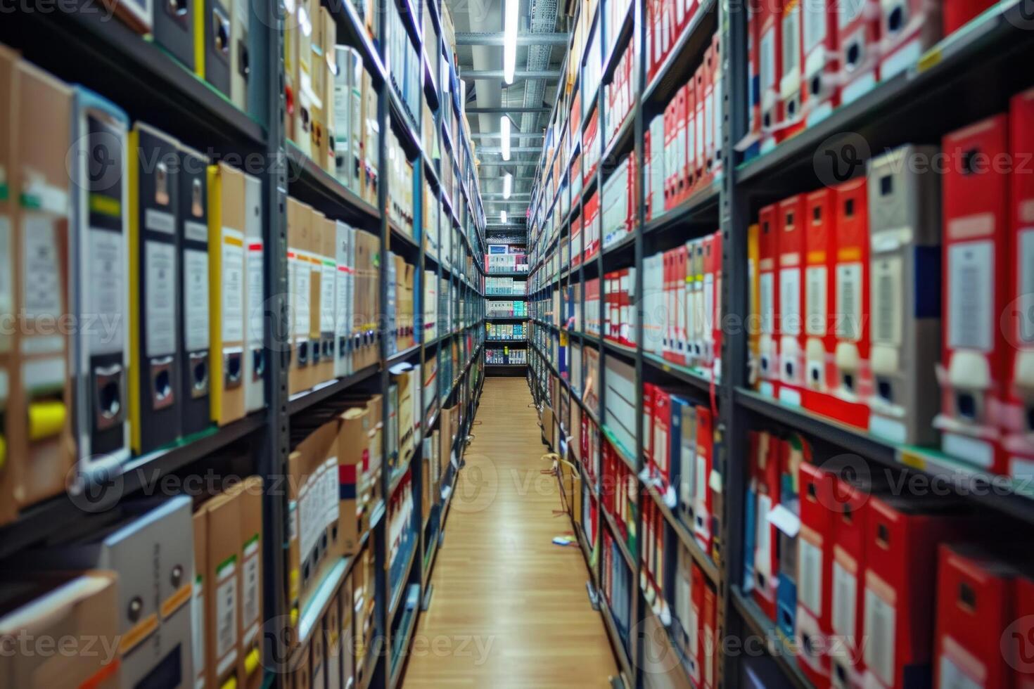 Narrow aisle stretching through shelves full of files in document archive photo