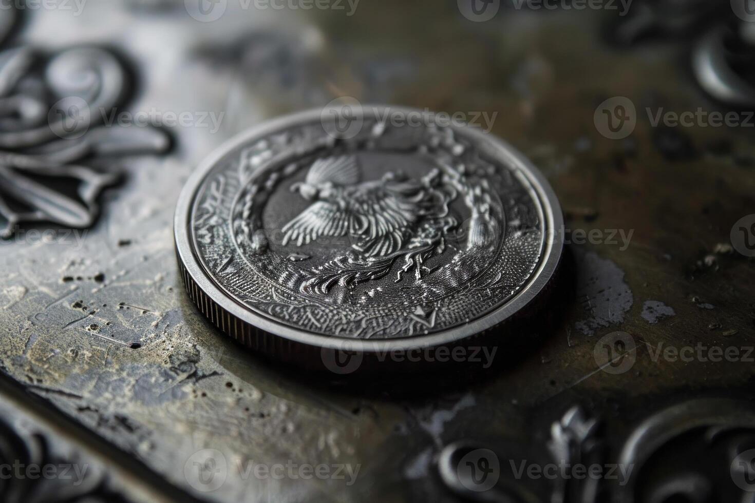 Silver coin with phoenix design resting on metal surface photo