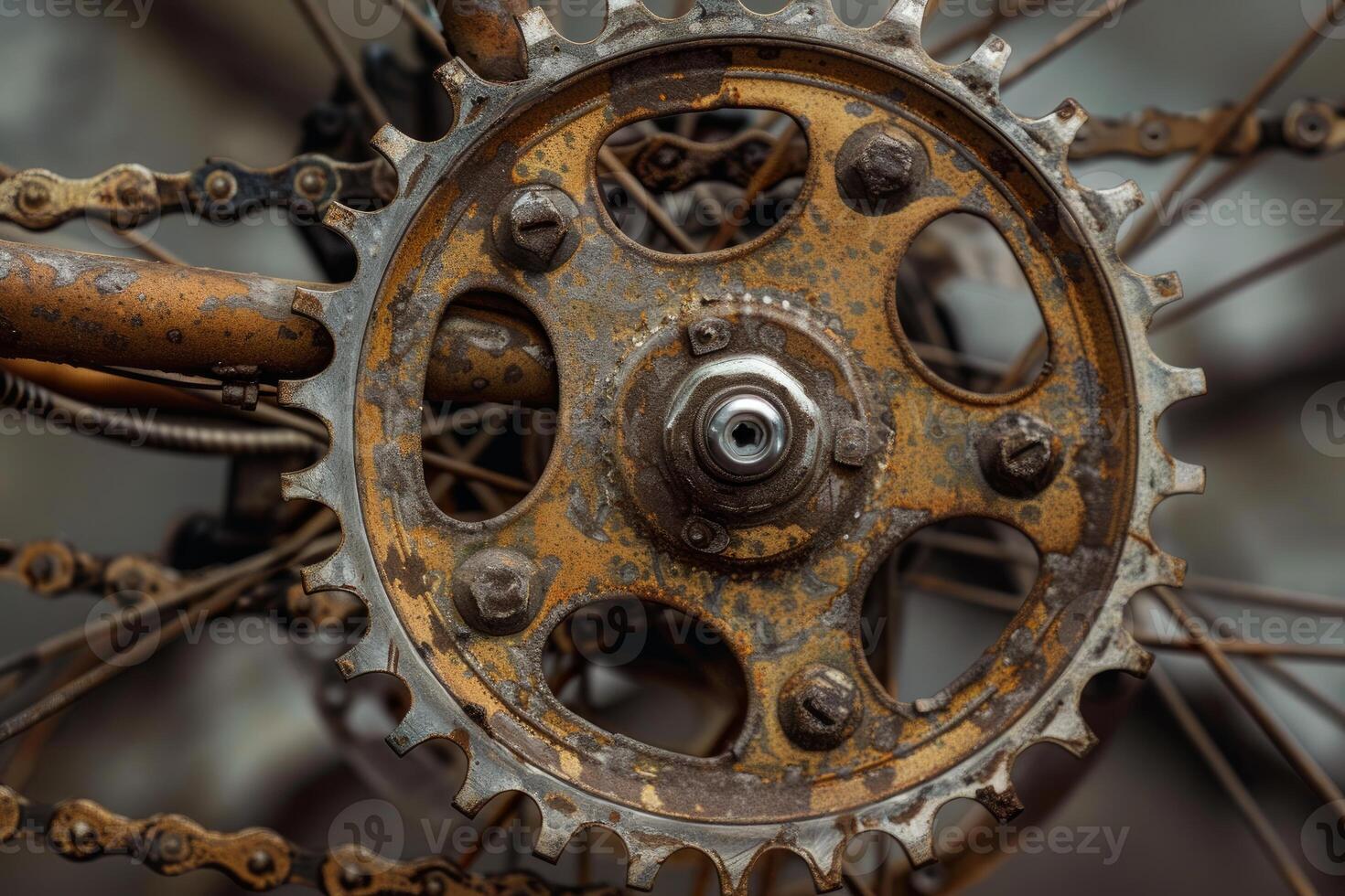 Rusty chainring showing age and wear of vintage bicycle photo