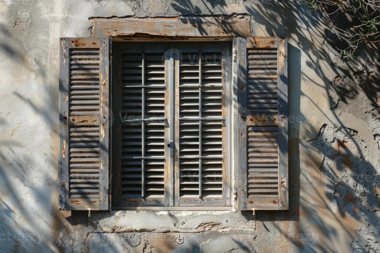 Old wooden window with shutters is casting shadows on a weathered wall photo