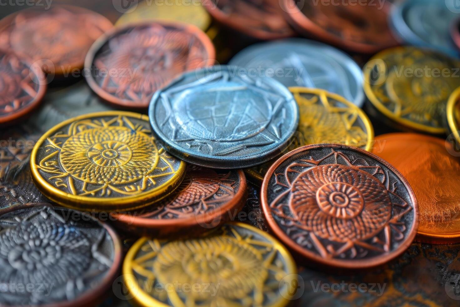 Close up of colorful metal coins with intricate designs photo