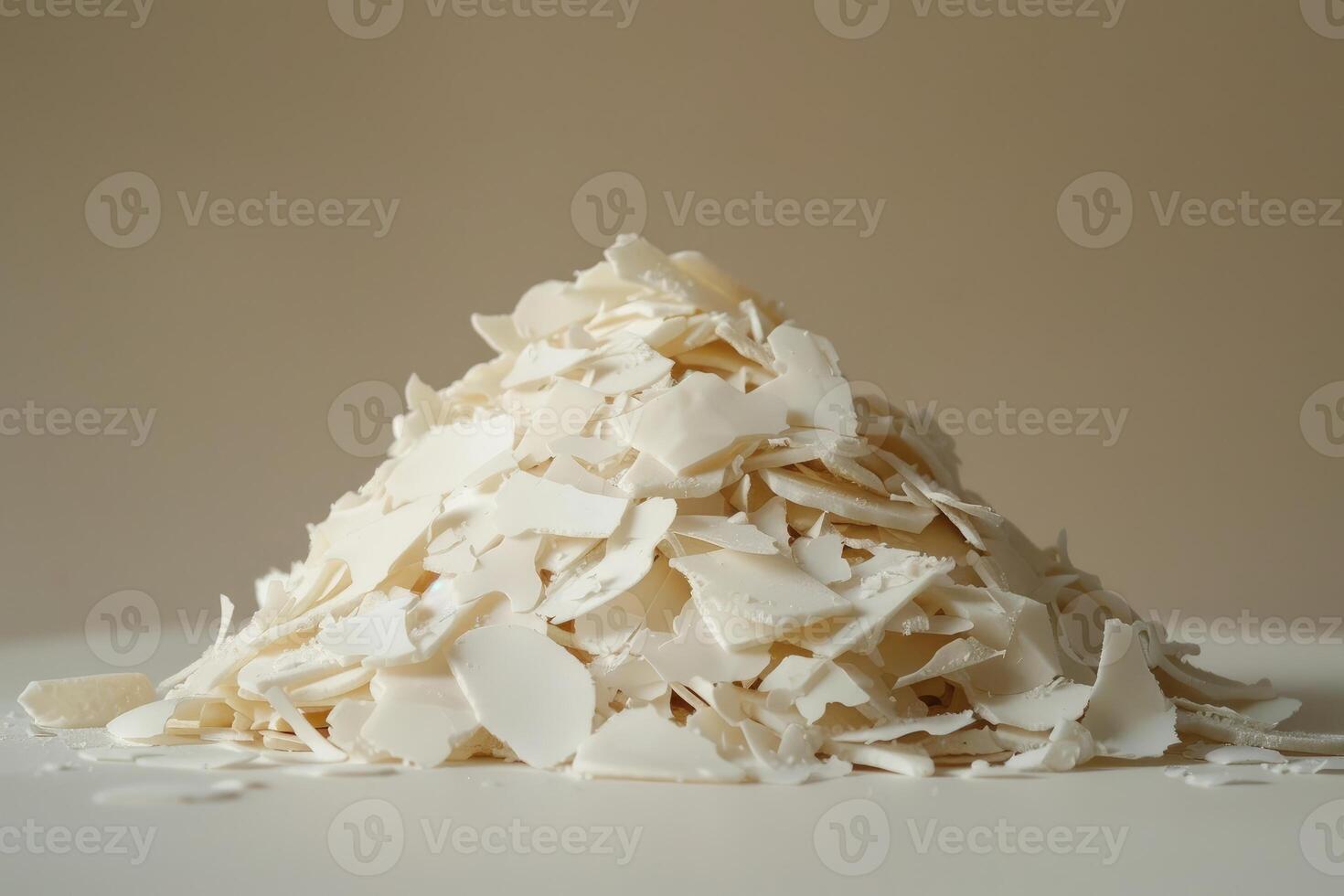Pile of white chocolate flakes forming a small mountain on a white table photo