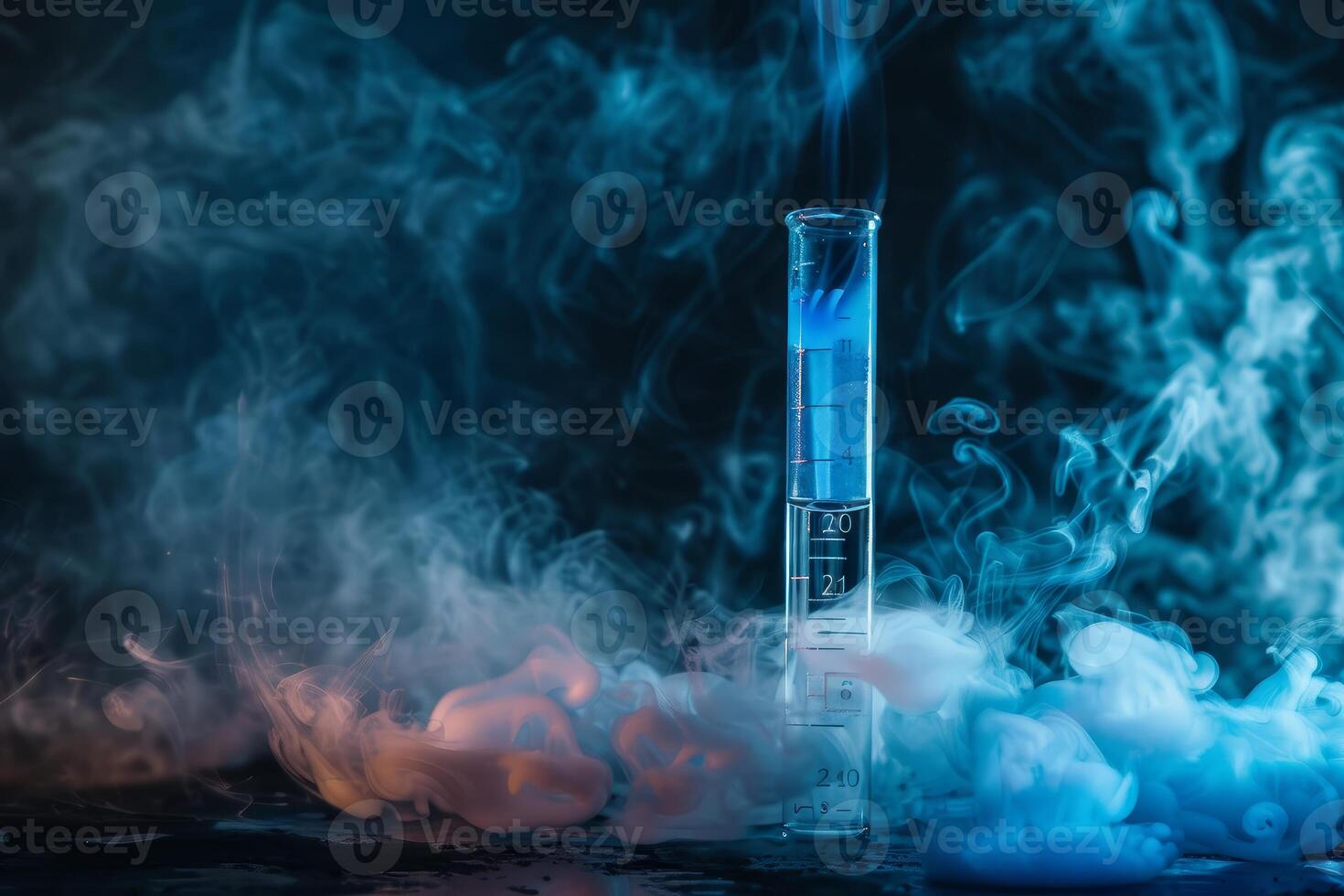 Graduated cylinder releasing blue smoke in science experiment photo