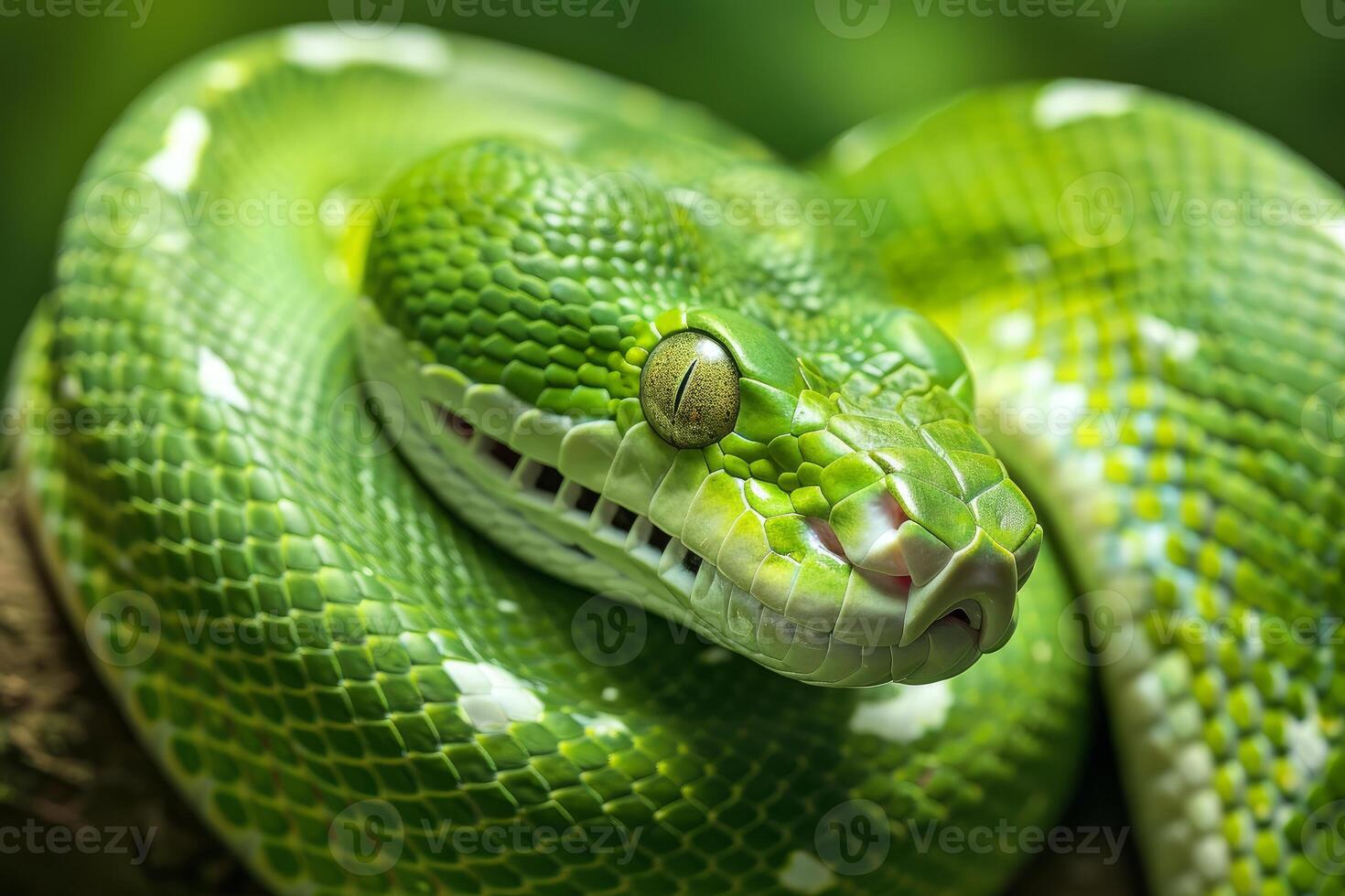 Green tree python coiled up and resting on a branch photo