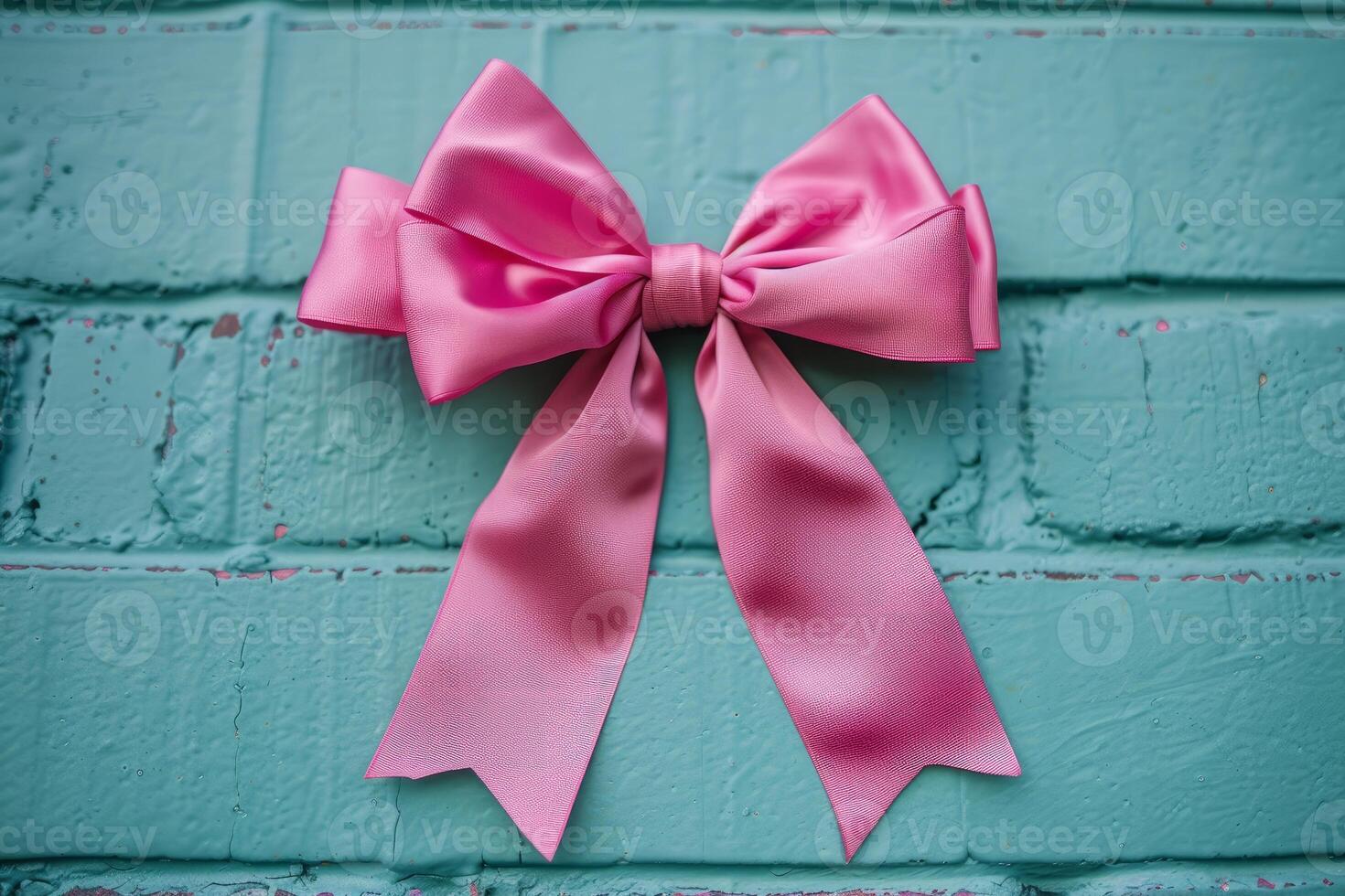 Pink ribbon bow hanging on a teal brick wall photo
