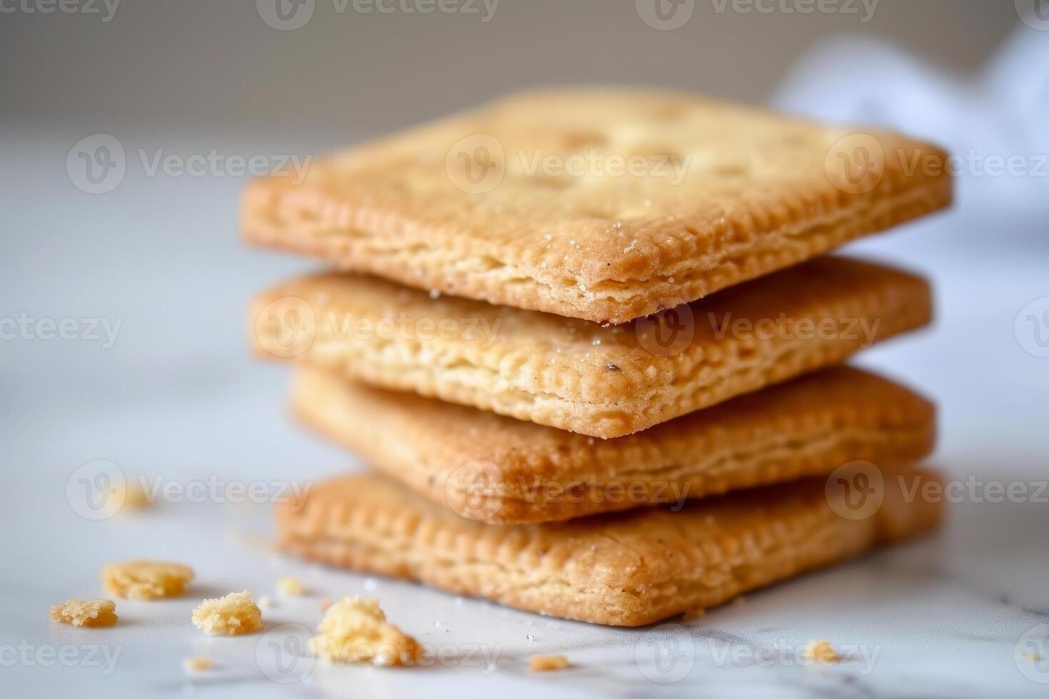 Stack of square buttery cracker biscuits crumbs on marble photo