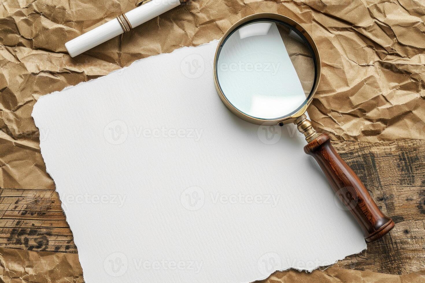 Magnifying glass and pen lying on blank paper for detective notes photo