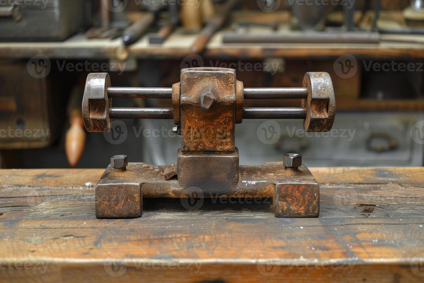 Old rusty hand tool sitting on workbench in workshop photo