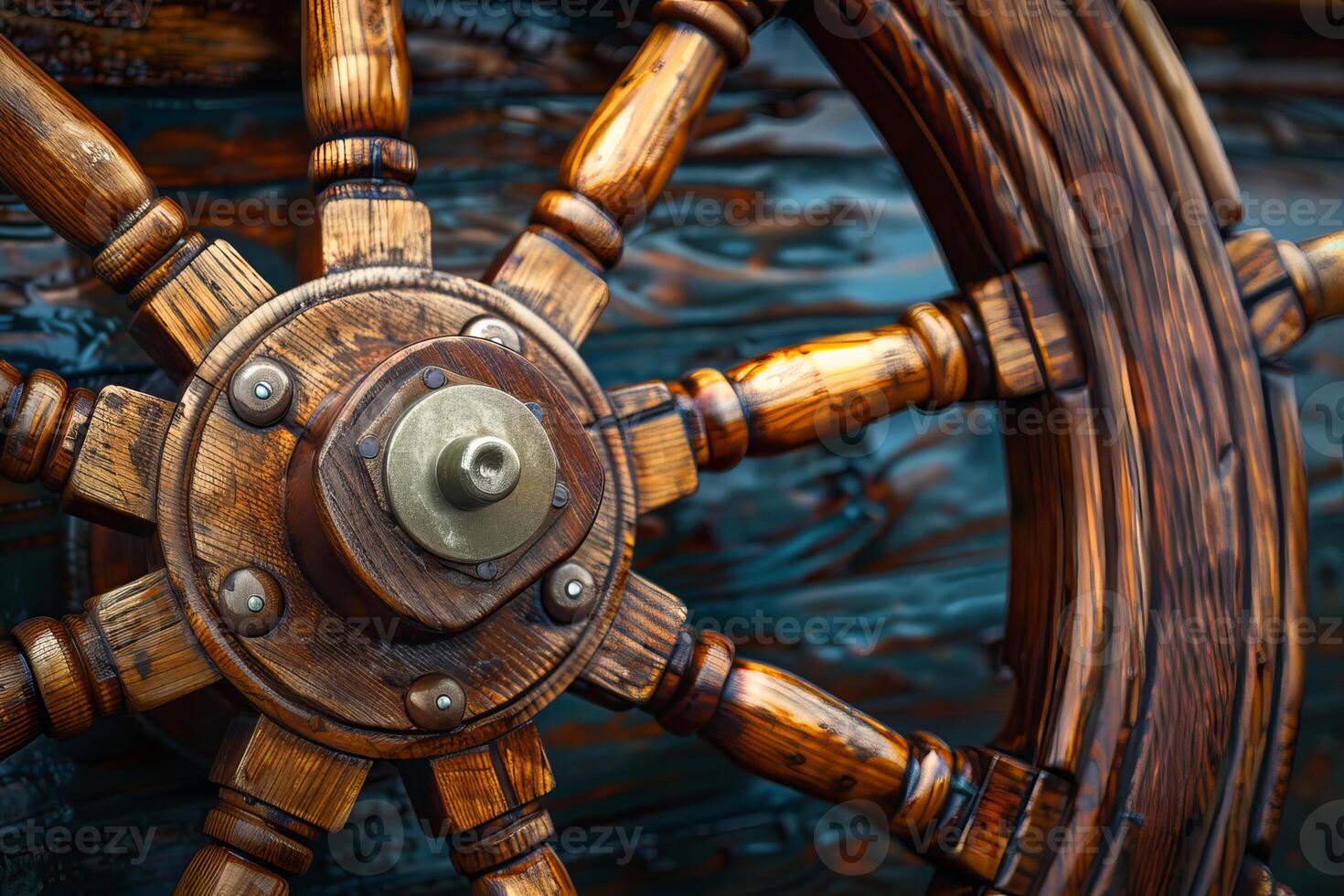 Close up of wooden ship steering wheel with brass centerpiece on nautical vessel photo