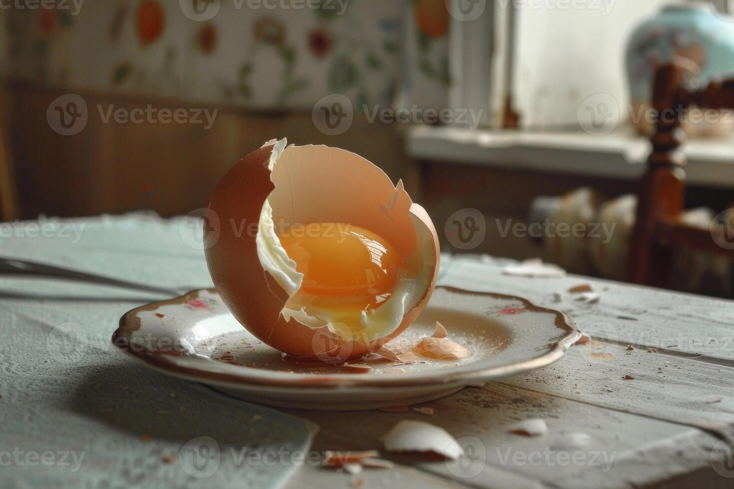 Broken eggshell revealing a raw egg yolk on a vintage plate photo