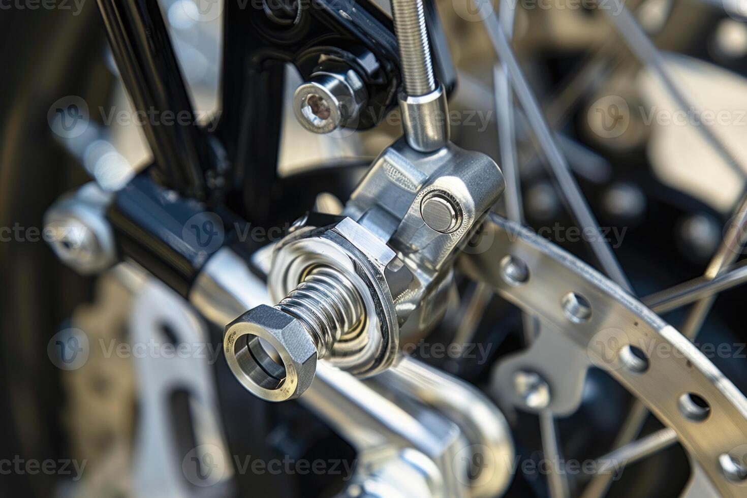Close up of motorcycle front brake caliper and disc photo