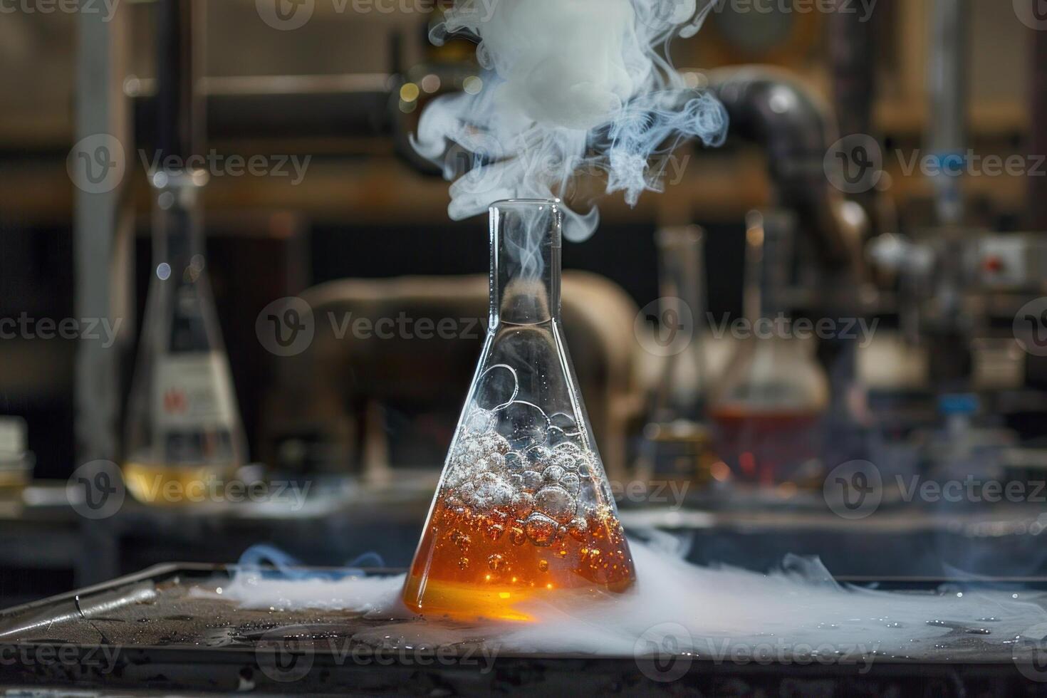 Chemical reaction creating smoke and bubbles in an erlenmeyer flask photo
