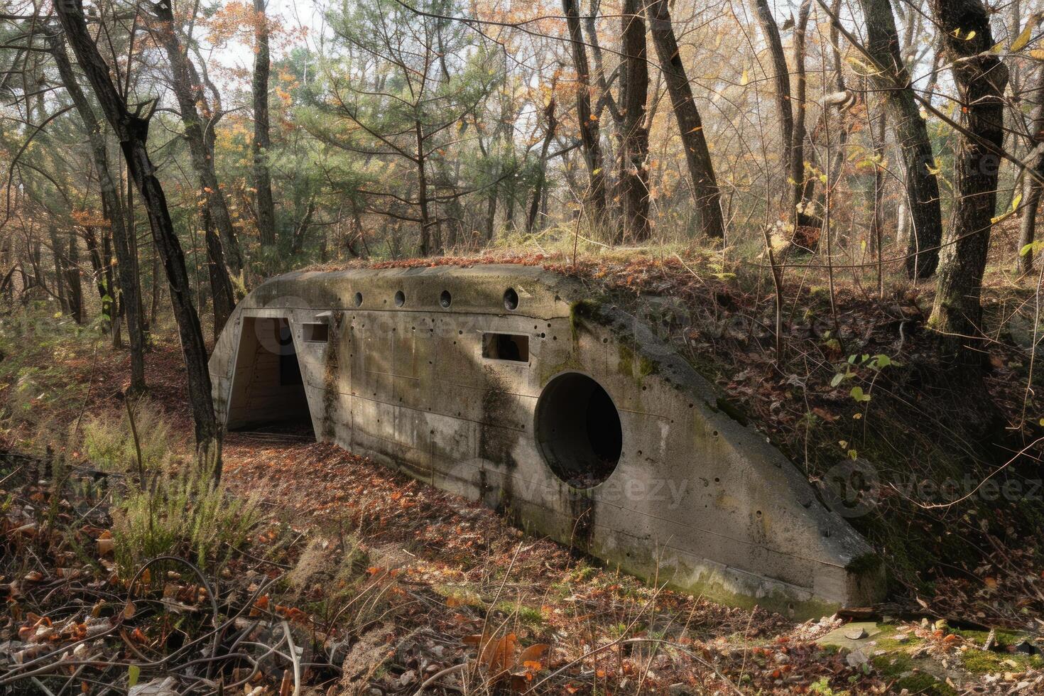 Abandoned concrete bunker hiding in the autumn forest photo